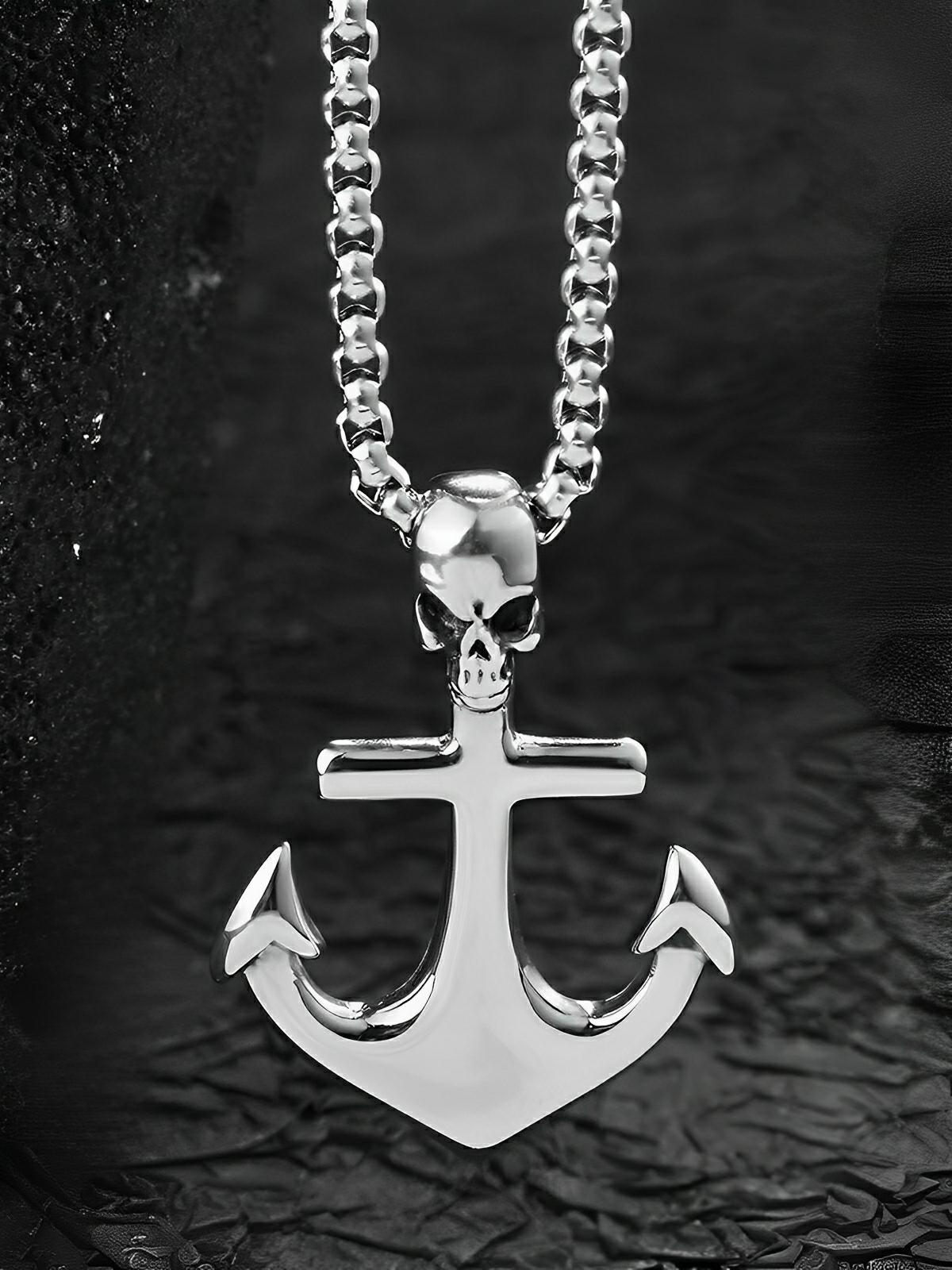 Collier pendentif ancre et tête de mort, en acier inoxydable, maille vénitienne, modèle Orion - Collier - Argent 60 cm
