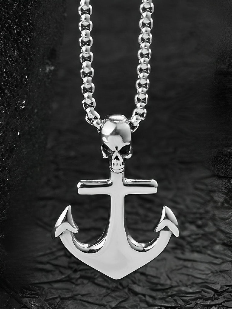 Collier pendentif ancre et tête de mort, en acier inoxydable, maille vénitienne, modèle Orion - Collier - Argent 60 cm