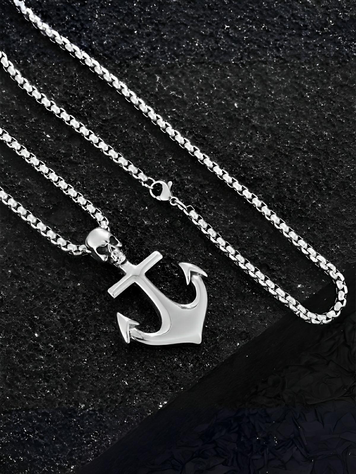 Collier pendentif ancre et tête de mort, en acier inoxydable, maille vénitienne, modèle Orion - Collier - Argent 60 cm