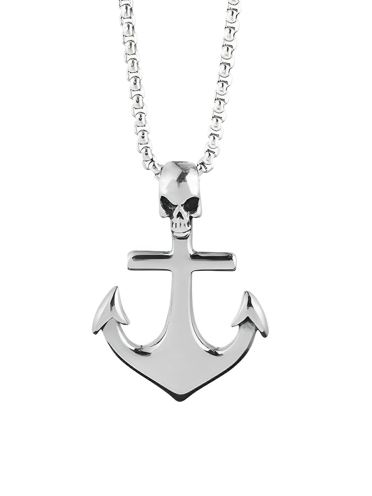 Collier pendentif ancre et tête de mort, en acier inoxydable, maille vénitienne, modèle Orion - Collier - Argent 60 cm
