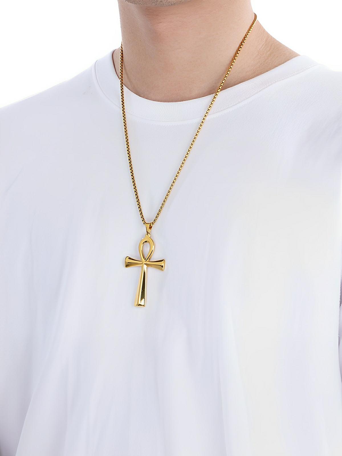 Collier pendentif Ankh, en acier inoxydable 316L, maille vénitienne, modèle Shani - Collier - Or 60 cm