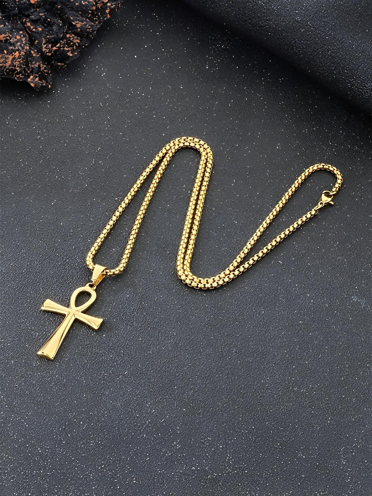 Collier pendentif Ankh, en acier inoxydable 316L, maille vénitienne, modèle Shani - Collier - Or 60 cm