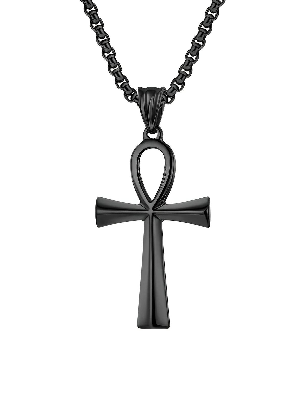 Collier pendentif Ankh, en acier inoxydable 316L, maille vénitienne, modèle Shani - Collier - Noir 60 cm