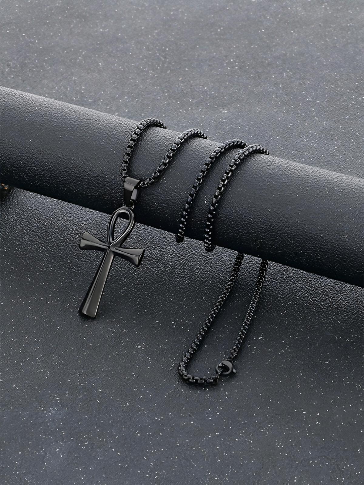 Collier pendentif Ankh, en acier inoxydable 316L, maille vénitienne, modèle Shani - Collier - Noir 60 cm