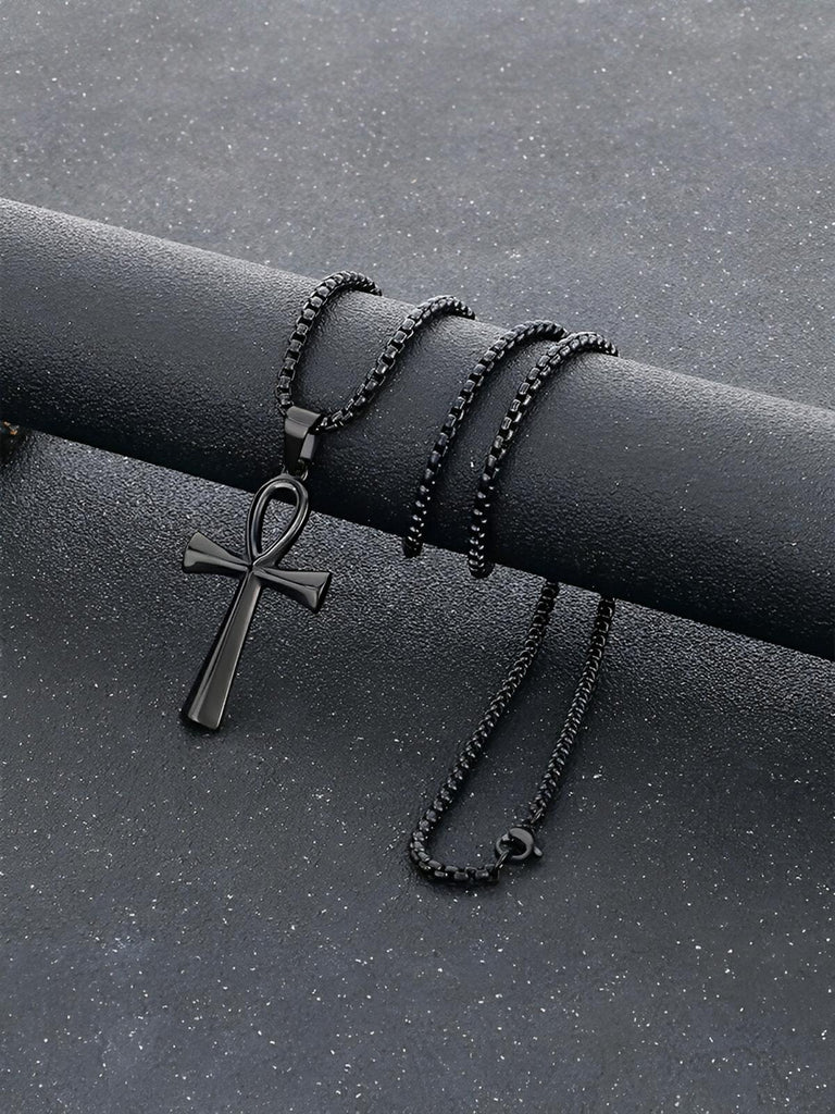Collier pendentif Ankh, en acier inoxydable 316L, maille vénitienne, modèle Shani - Collier - Noir 60 cm