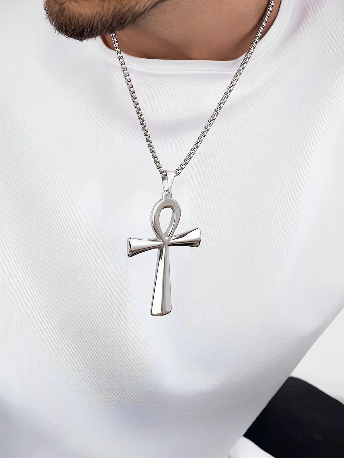Collier pendentif Ankh, en acier inoxydable 316L, maille vénitienne, modèle Shani - Collier - Argent 60 cm