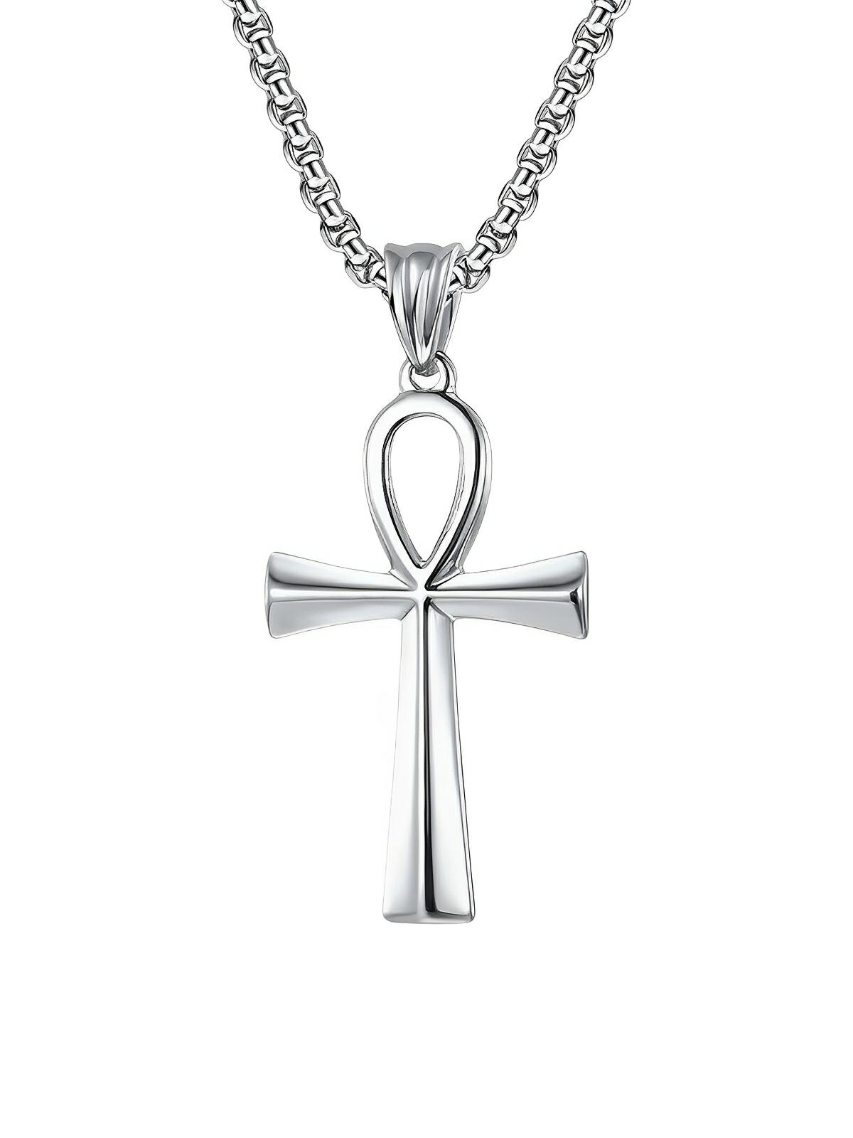 Collier pendentif Ankh, en acier inoxydable 316L, maille vénitienne, modèle Shani - Collier - Argent 60 cm