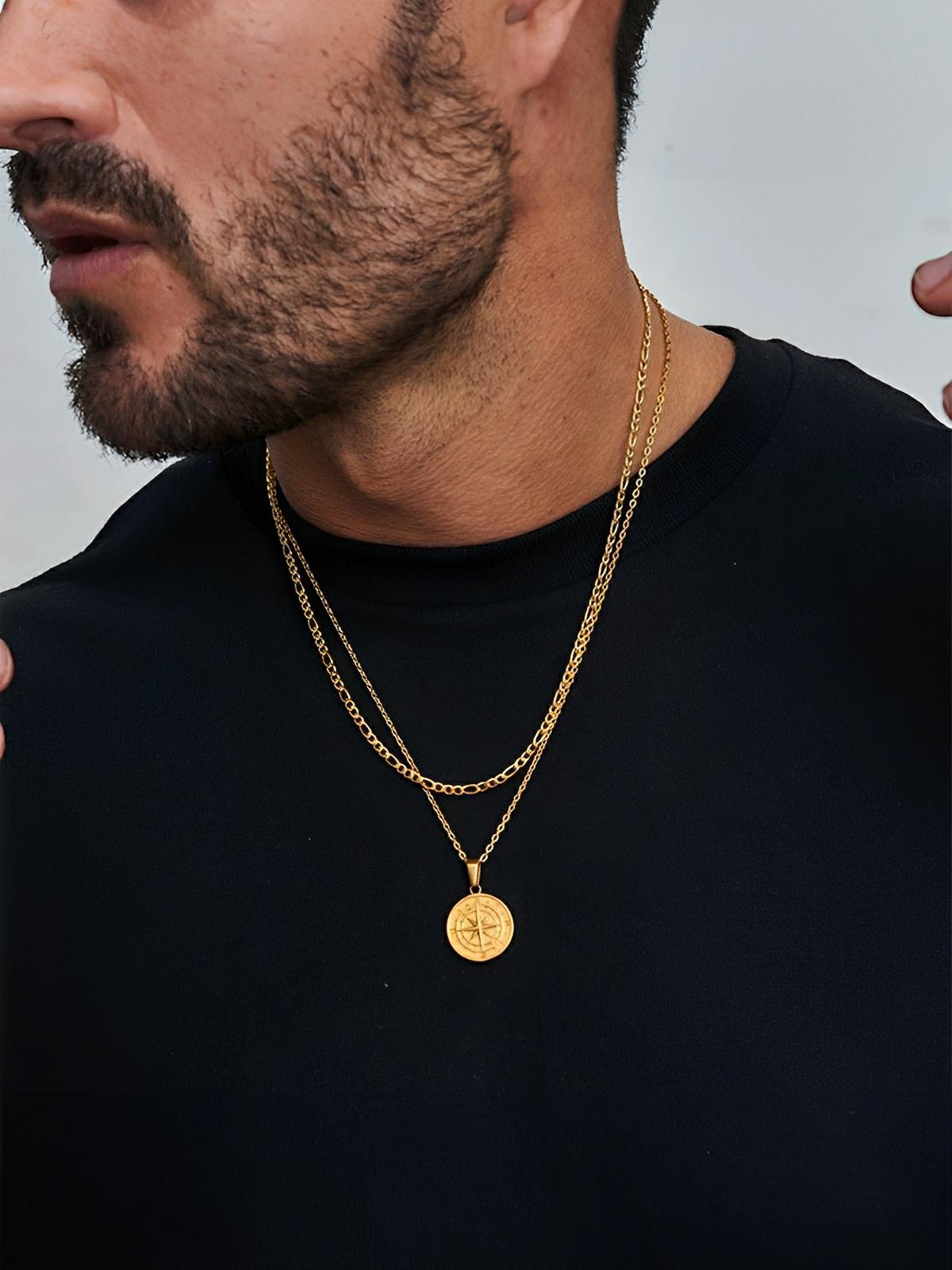 Collier pendentif boussole, en acier inoxydable, maille forçat, modèle Stanley - Collier - Or 60 cm