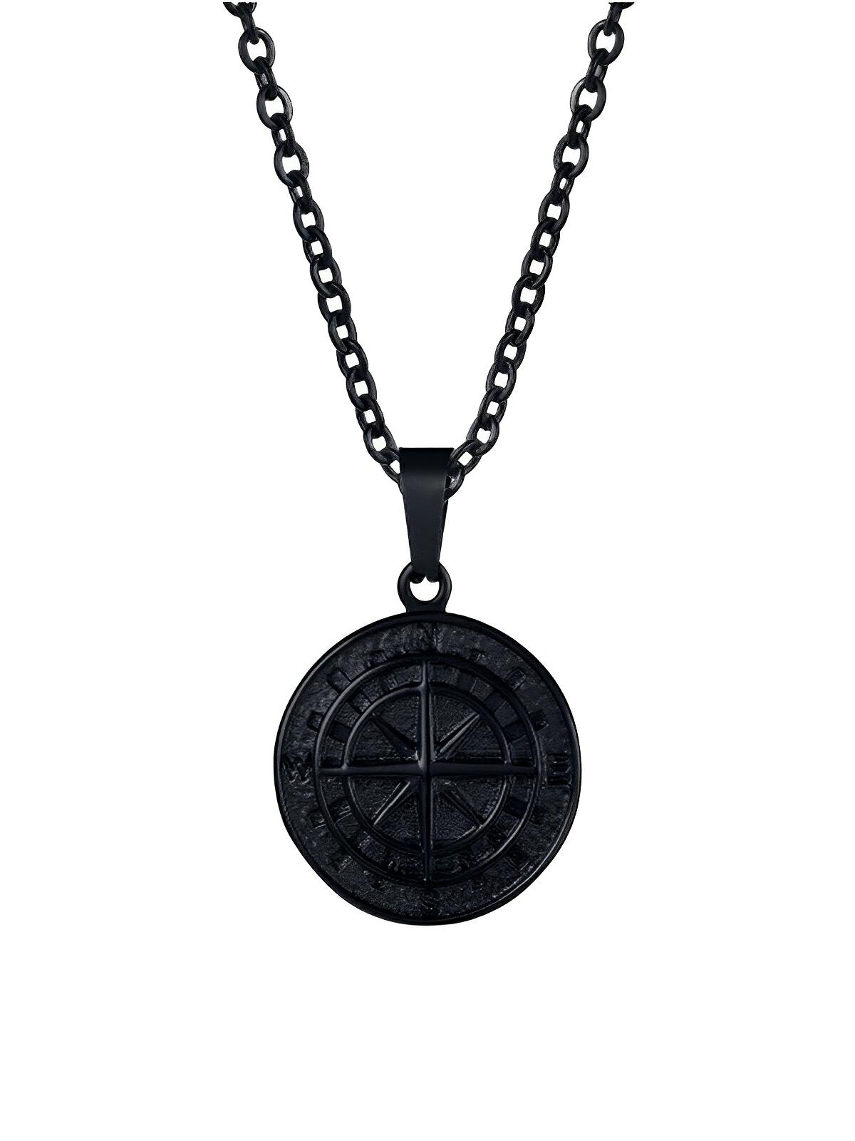 Collier pendentif boussole, en acier inoxydable, maille forçat, modèle Stanley - Collier - Noir 60 cm