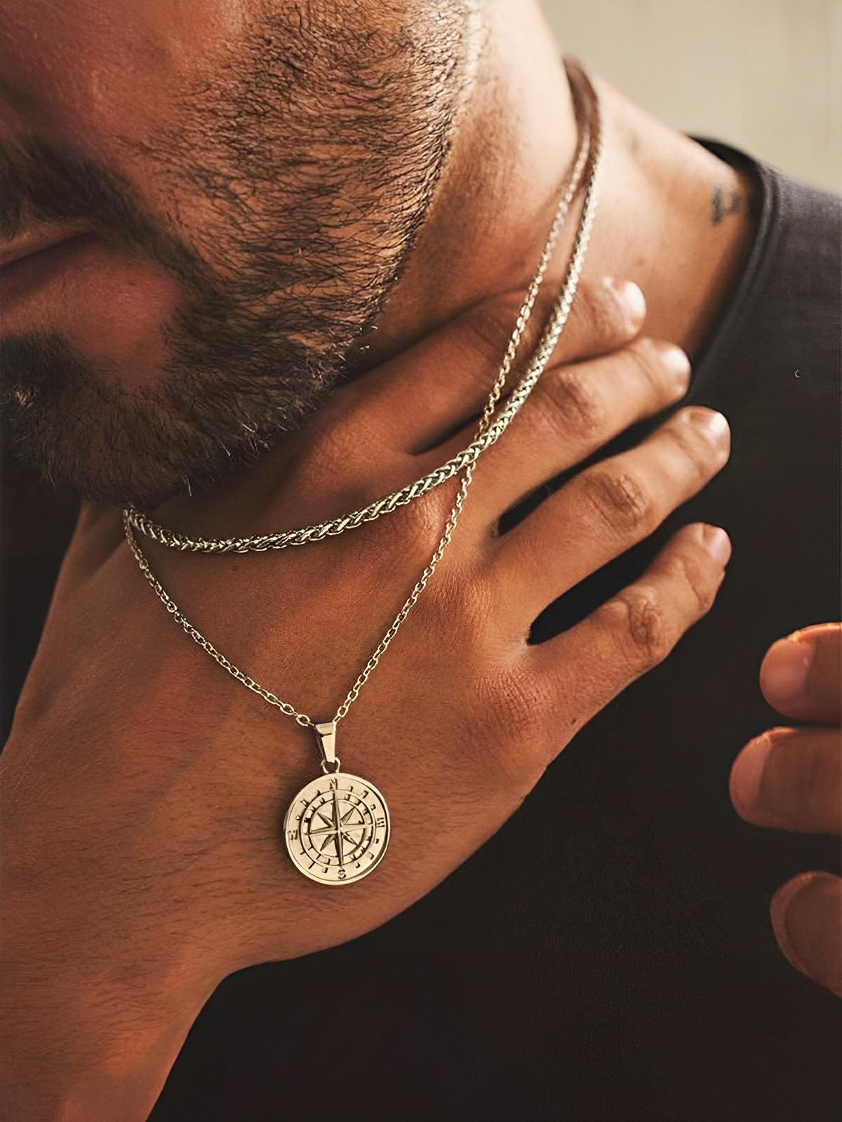 Collier pendentif boussole, en acier inoxydable, maille forçat, modèle Stanley - Collier - Argent 60 cm
