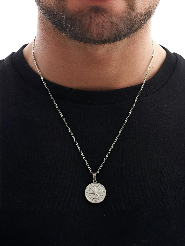 Collier pendentif boussole, en acier inoxydable, maille forçat, modèle Stanley - Collier - Argent 60 cm