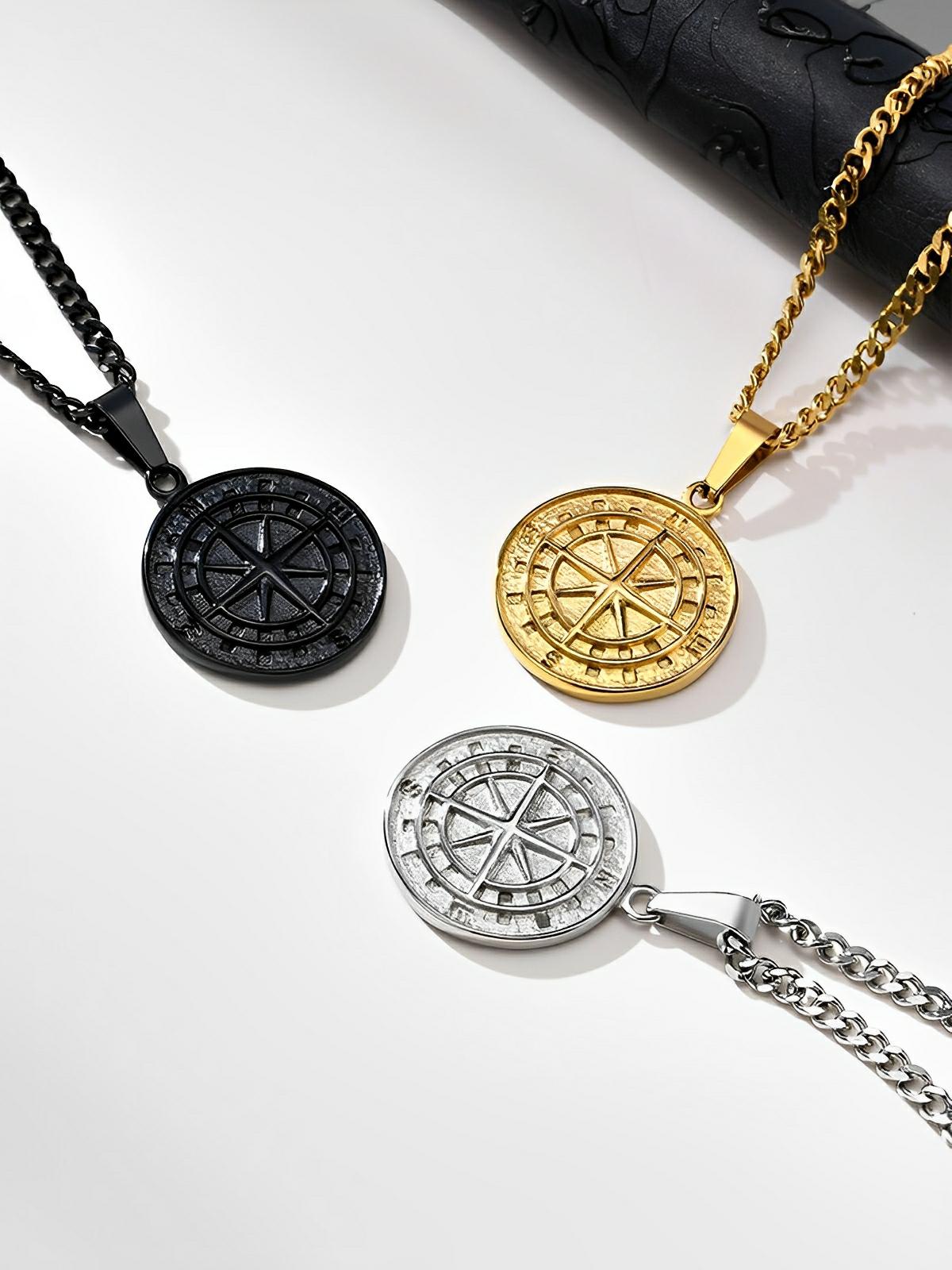 Collier pendentif boussole, en acier inoxydable, maille forçat, modèle Stanley - Collier - Argent 60 cm
