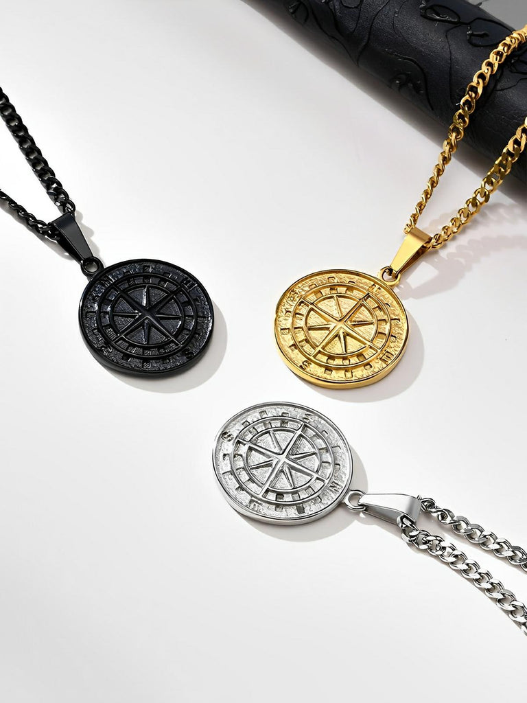 Collier pendentif boussole, en acier inoxydable, maille forçat, modèle Stanley - Collier - Argent 60 cm