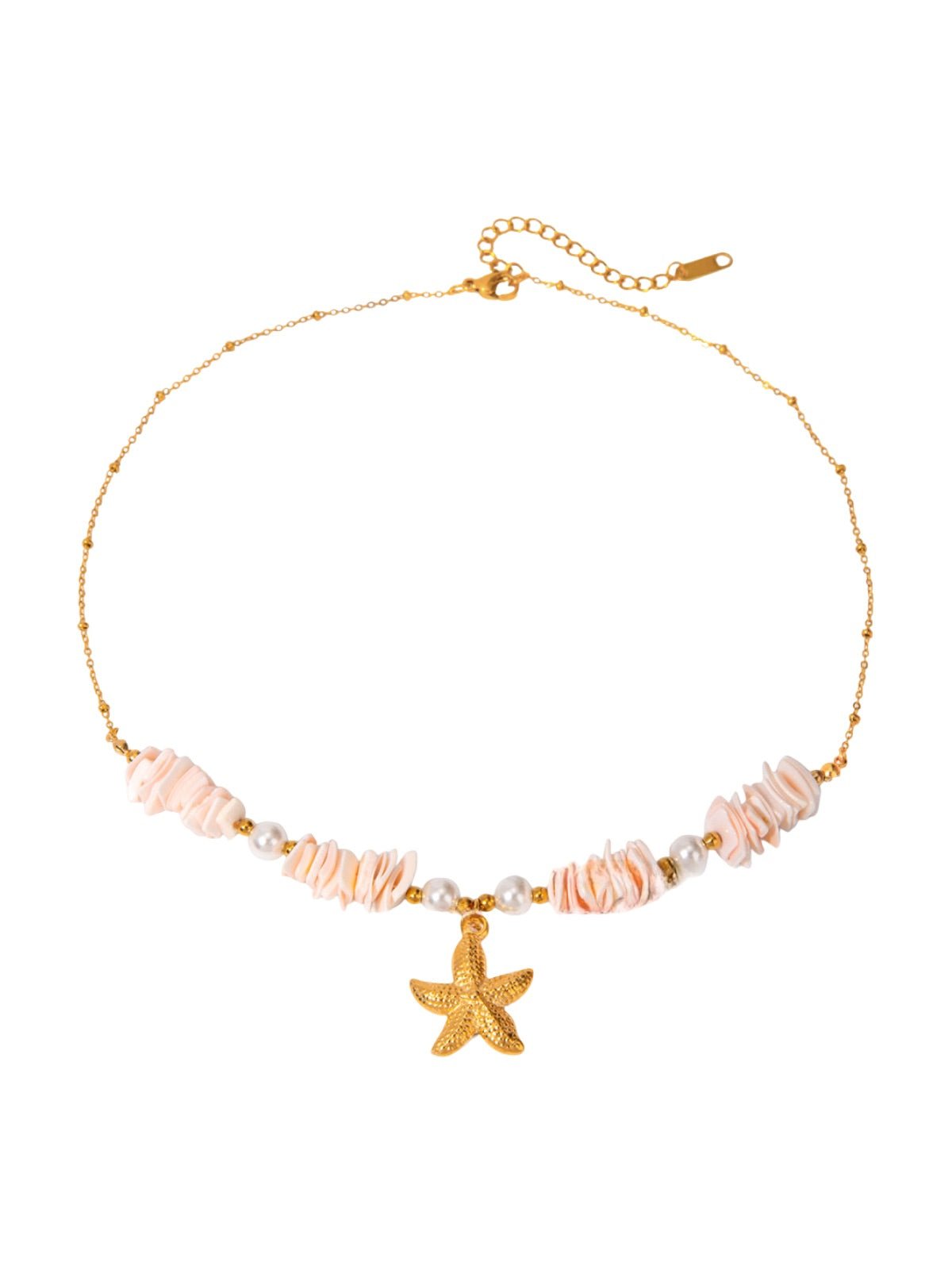 Collier pendentif coquillage ou étoile de mer, perles blanches, chaîne dorée, acier inoxydable, modèle Gina - Collier - Rose 40 + 5 cm
