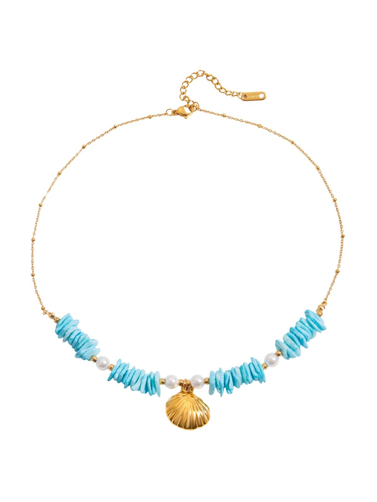 Collier pendentif coquillage ou étoile de mer, perles blanches, chaîne dorée, acier inoxydable, modèle Gina - Collier - Bleu 40 + 5 cm
