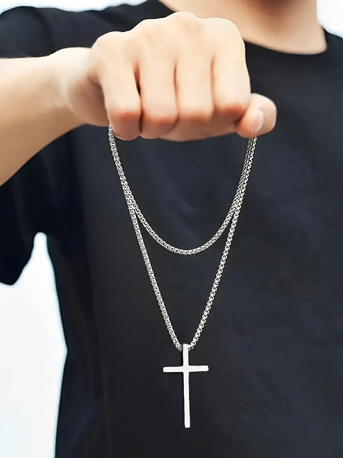 Collier pendentif croix chrétienne, en titane, maille vénitienne, modèle Lor - Collier - Argent 60 cm