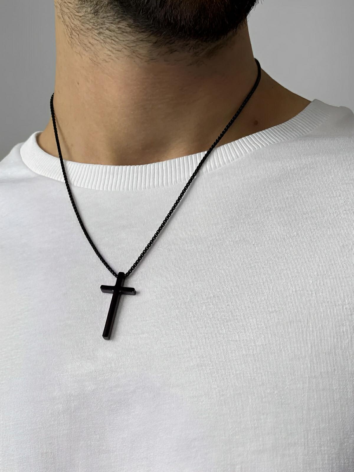 Collier pendentif croix chrétienne, en titane, maille vénitienne, modèle Lor - Collier - Noir 60 cm