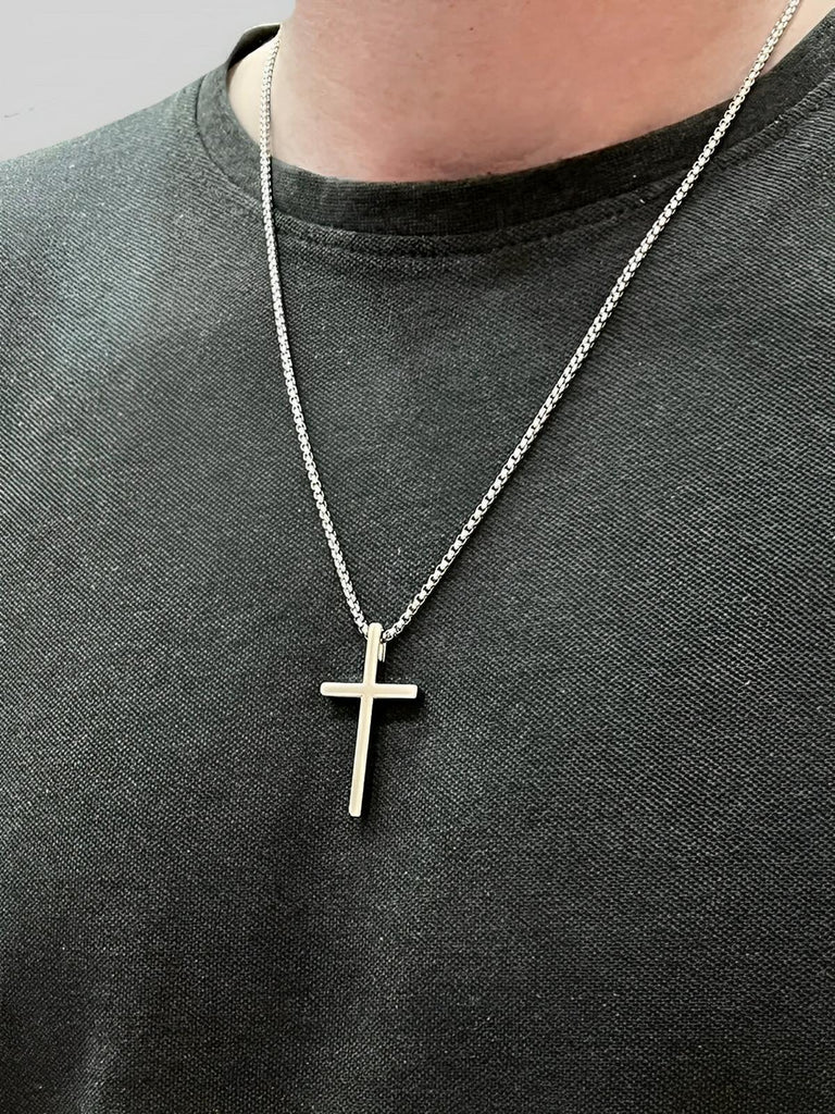 Collier pendentif croix chrétienne, en titane, maille vénitienne, modèle Lor - Collier - Argent 60 cm
