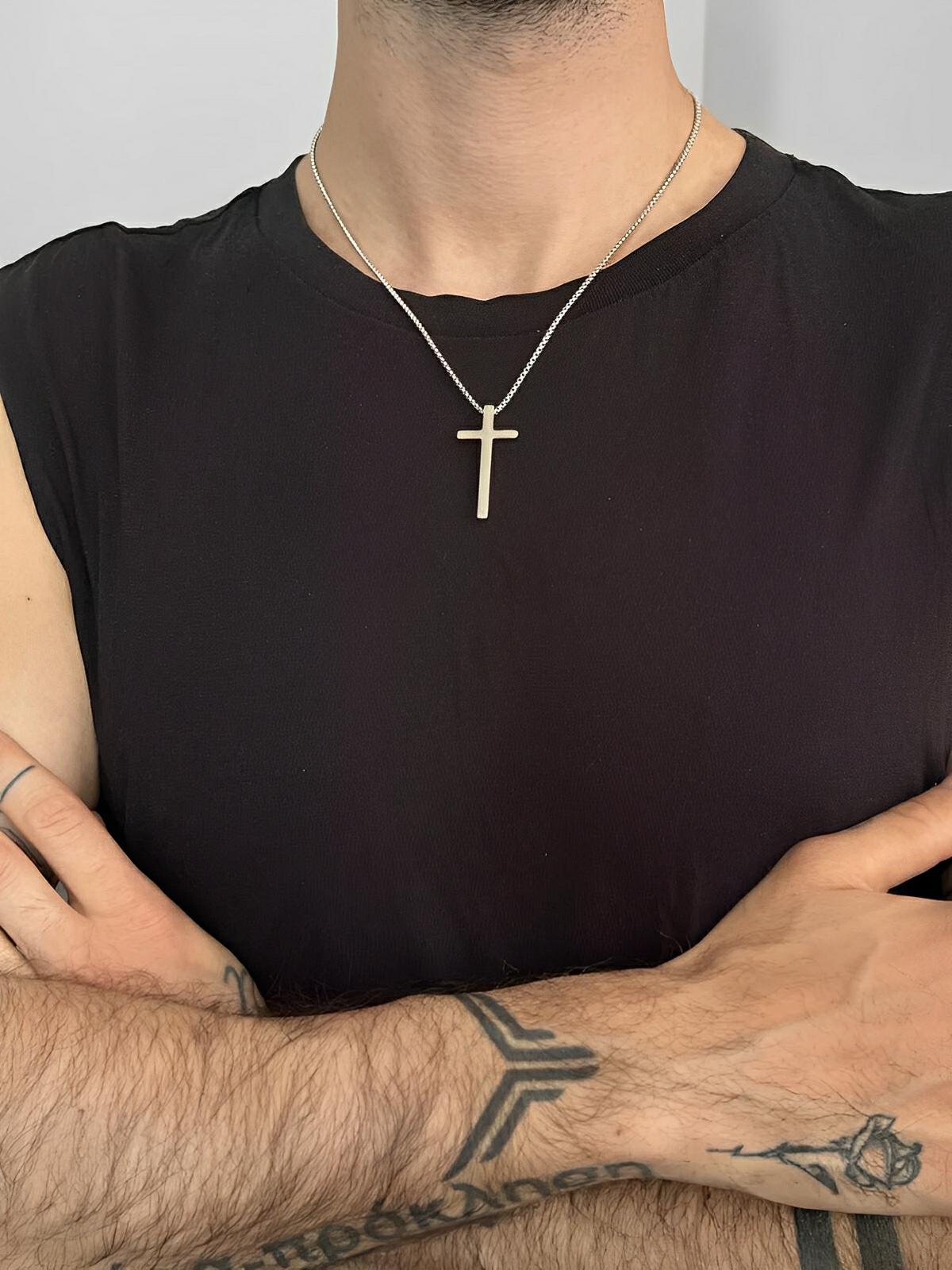 Collier pendentif croix chrétienne, en titane, maille vénitienne, modèle Lor - Collier - Argent 60 cm