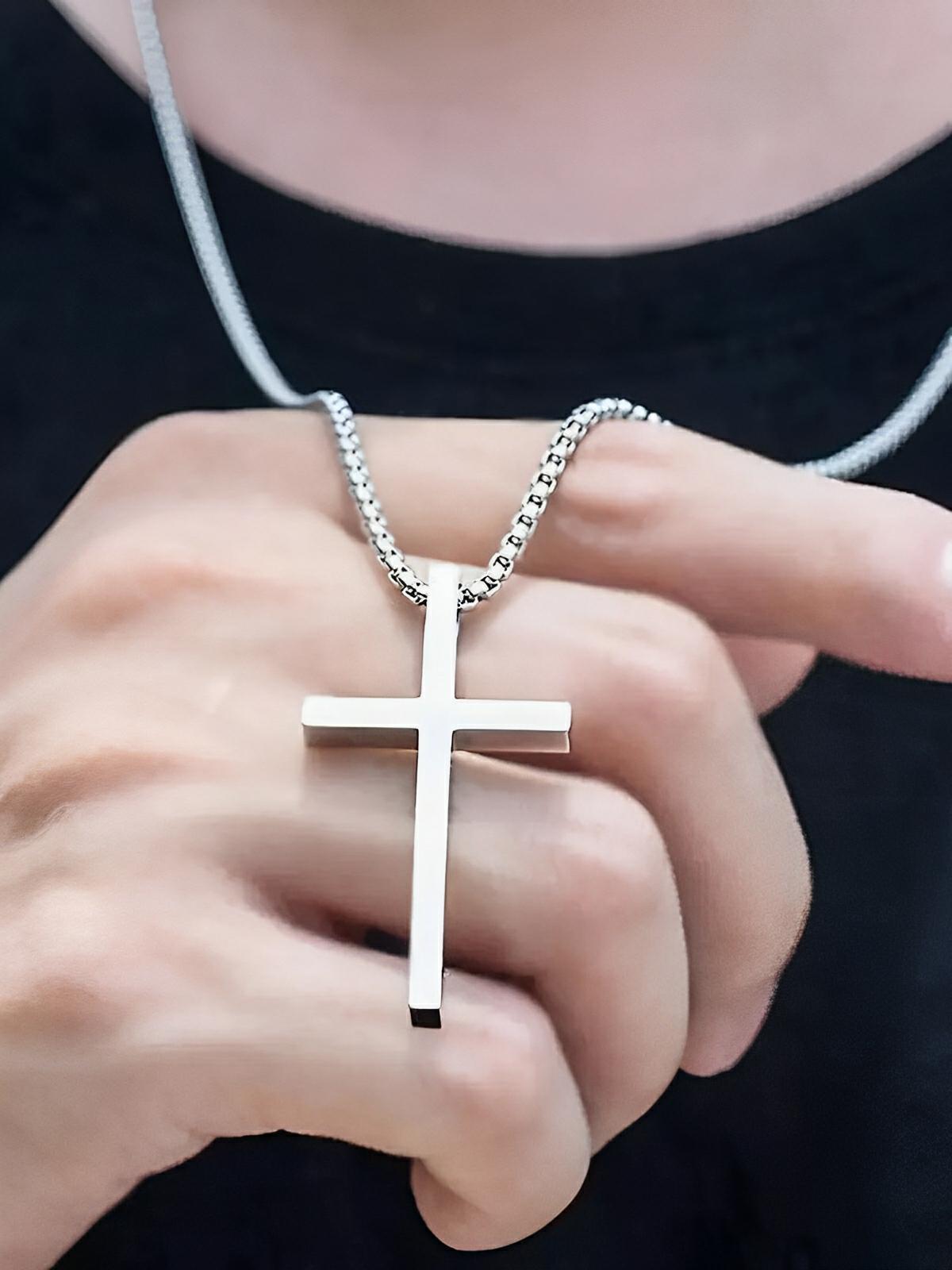 Collier pendentif croix chrétienne, en titane, maille vénitienne, modèle Lor - Collier - Argent 60 cm