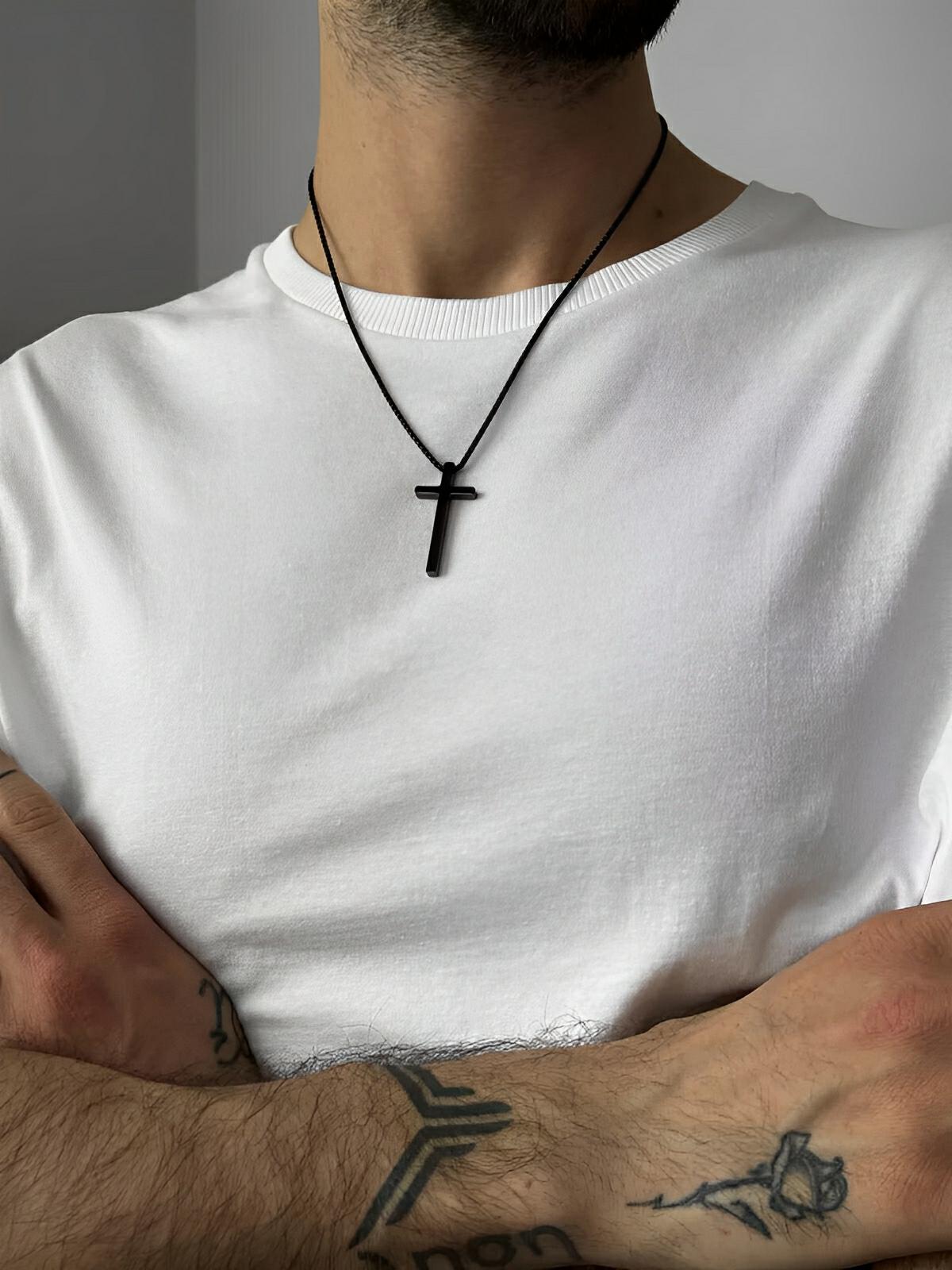 Collier pendentif croix chrétienne, en titane, maille vénitienne, modèle Lor - Collier - Noir 60 cm