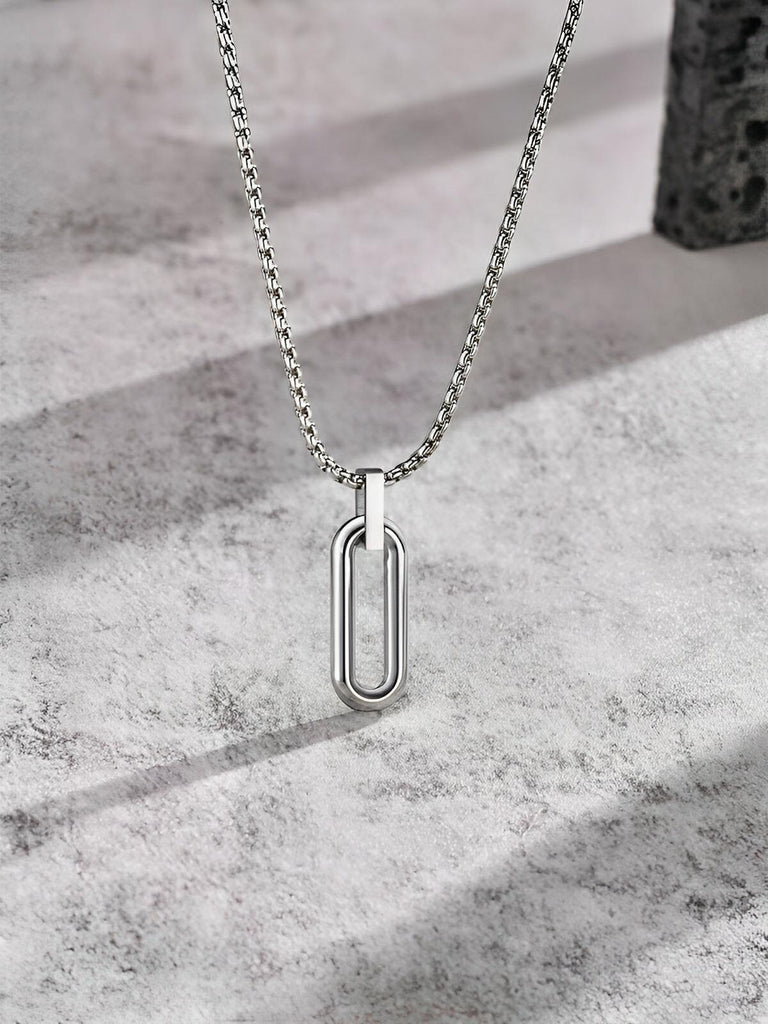 Collier pendentif ovale allongé, en acier inoxydable, maille vénitienne, style minimaliste, modèle Ilan - Collier - Argent 60 cm