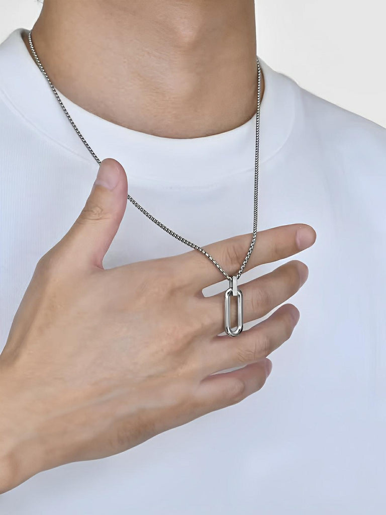 Collier pendentif ovale allongé, en acier inoxydable, maille vénitienne, style minimaliste, modèle Ilan - Collier - Argent 60 cm