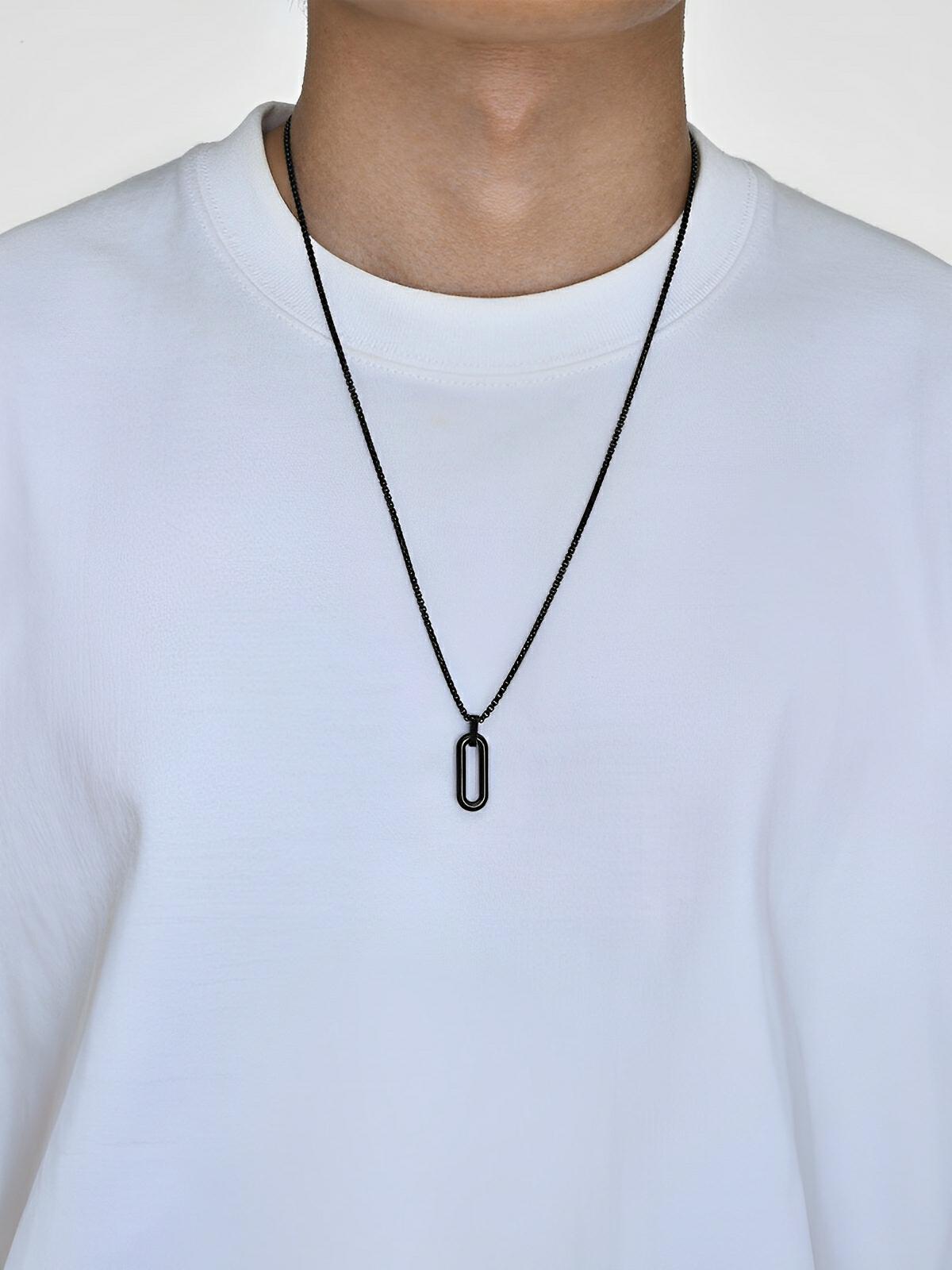 Collier pendentif ovale allongé, en acier inoxydable, maille vénitienne, style minimaliste, modèle Ilan - Collier - Noir 60 cm