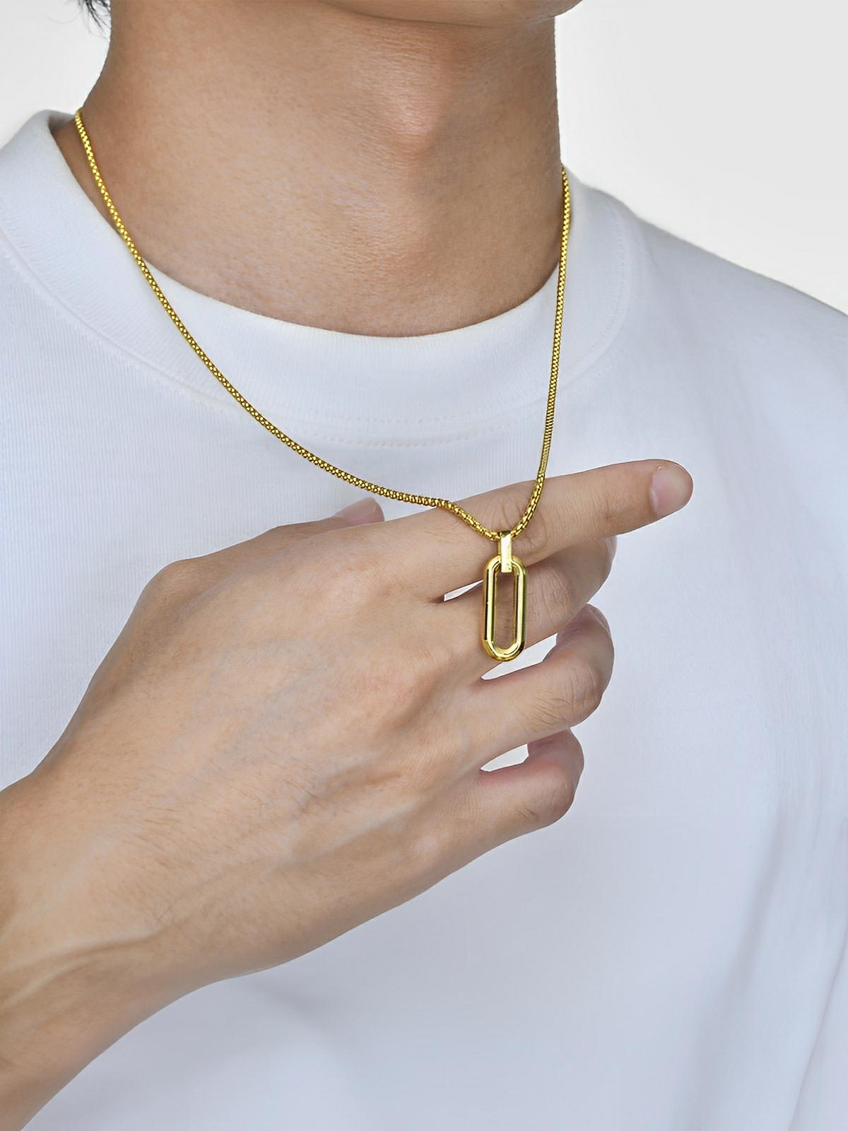 Collier pendentif ovale allongé, en acier inoxydable, maille vénitienne, style minimaliste, modèle Ilan - Collier - Or 60 cm
