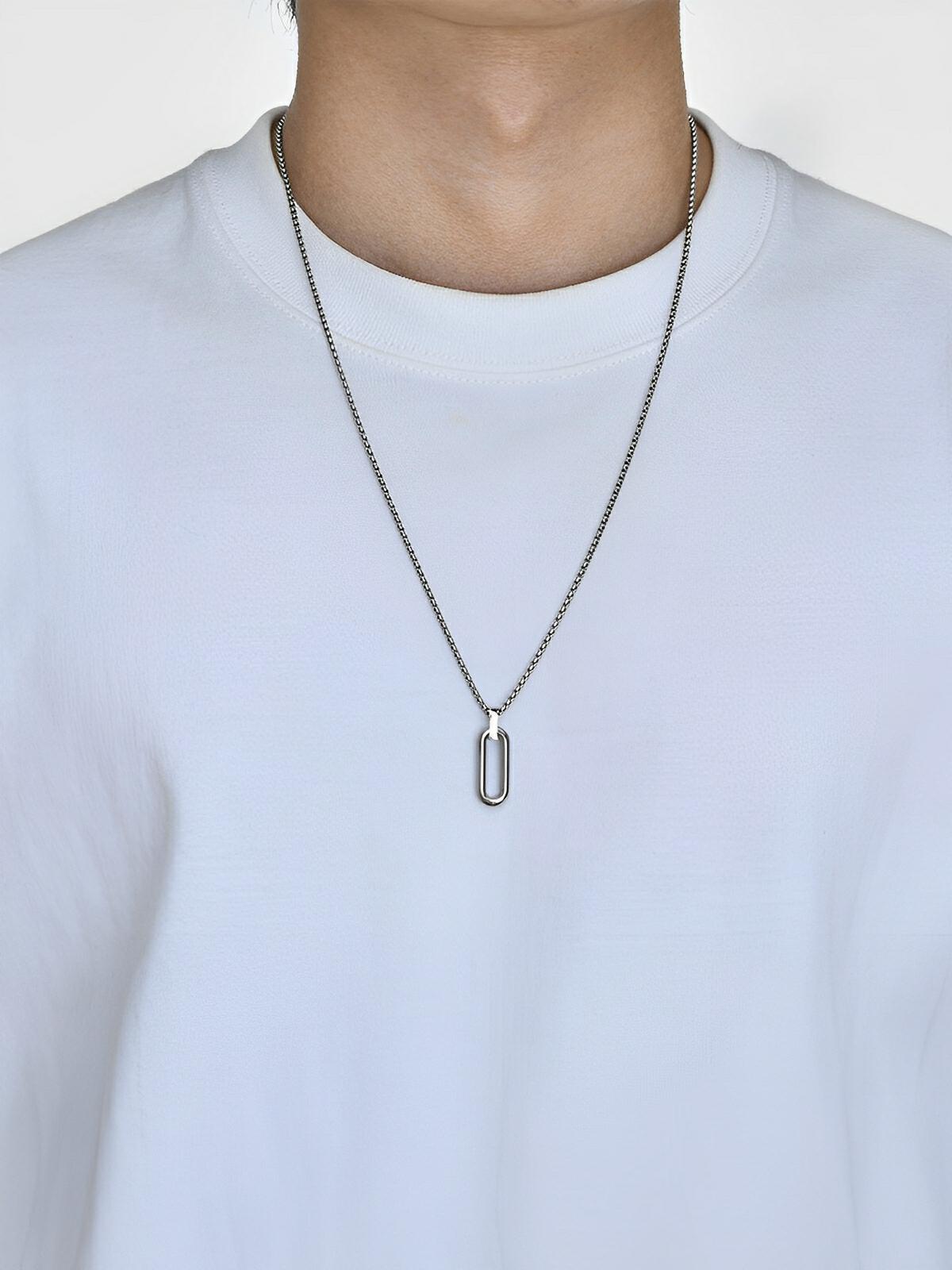 Collier pendentif ovale allongé, en acier inoxydable, maille vénitienne, style minimaliste, modèle Ilan - Collier - Argent 60 cm