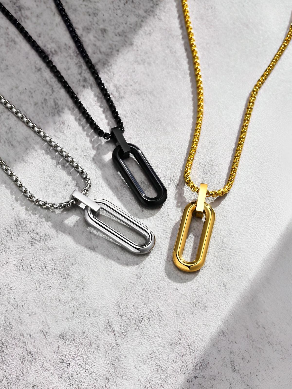 Collier pendentif ovale allongé, en acier inoxydable, maille vénitienne, style minimaliste, modèle Ilan - Collier - Argent 60 cm