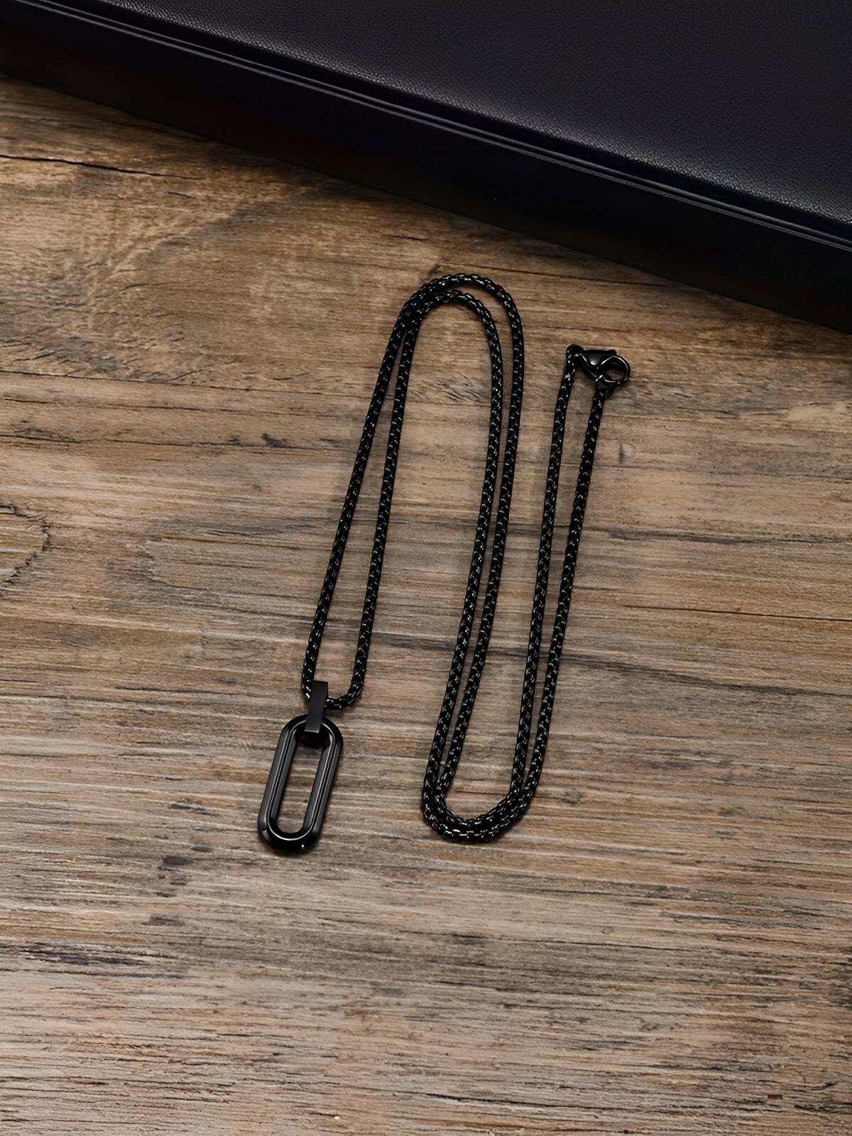 Collier pendentif ovale allongé, en acier inoxydable, maille vénitienne, style minimaliste, modèle Ilan - Collier - Noir 60 cm