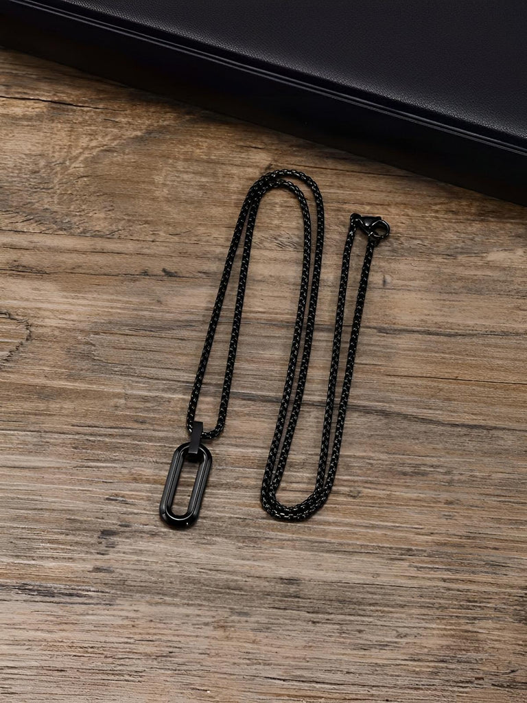Collier pendentif ovale allongé, en acier inoxydable, maille vénitienne, style minimaliste, modèle Ilan - Collier - Noir 60 cm
