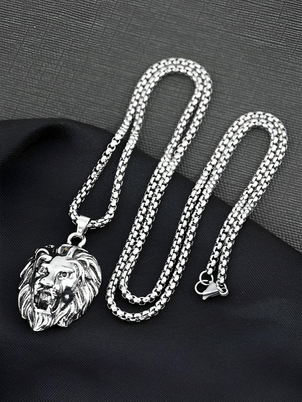 Collier pendentif tête de lion, en acier inoxydable, maille vénitienne, modèle Arthur - Collier - Argent 70 cm