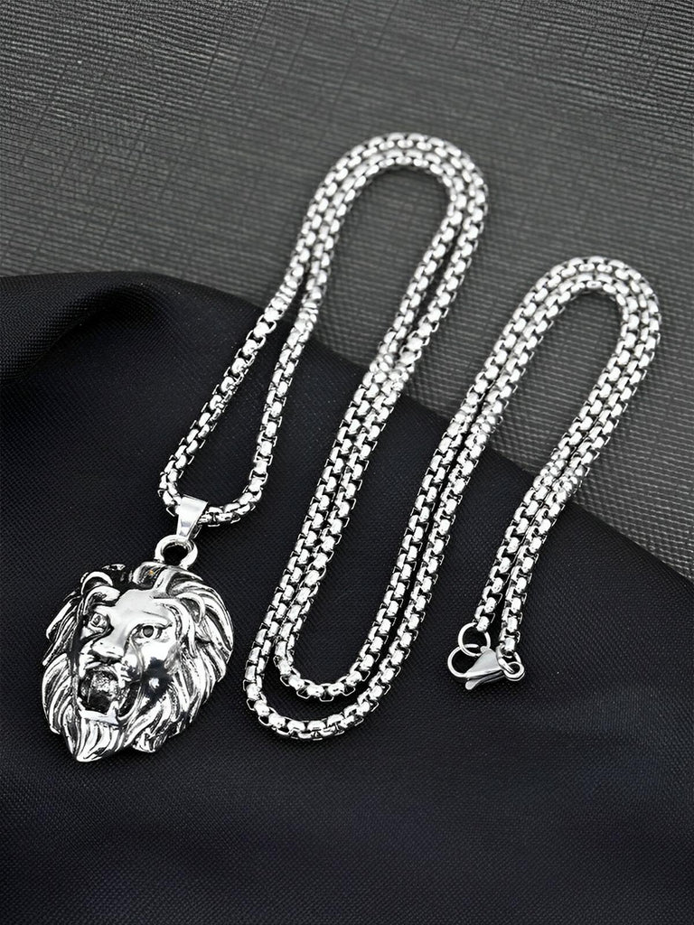 Collier pendentif tête de lion, en acier inoxydable, maille vénitienne, modèle Arthur - Collier - Argent 70 cm