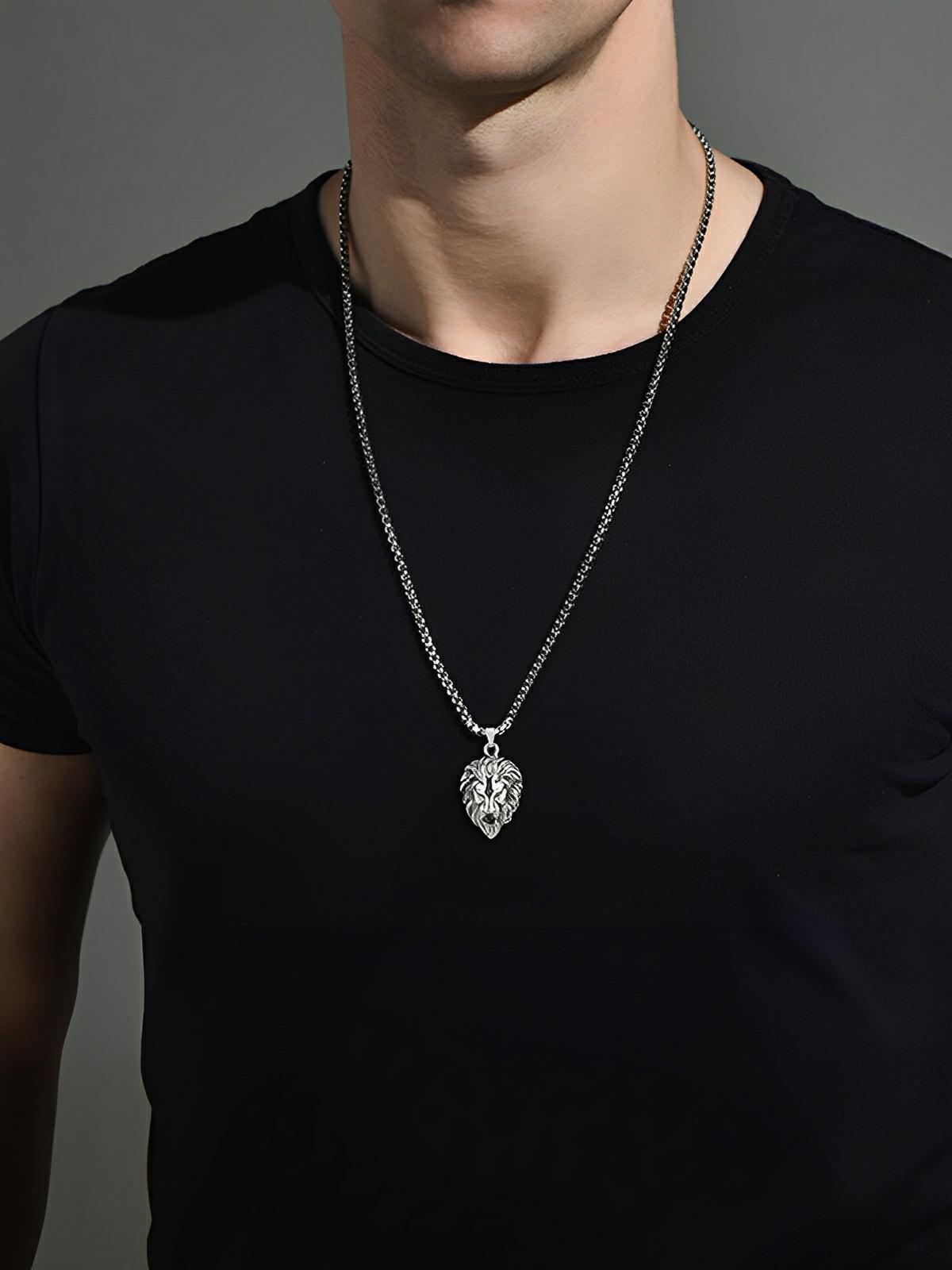 Collier pendentif tête de lion, en acier inoxydable, maille vénitienne, modèle Arthur - Collier - Argent 70 cm
