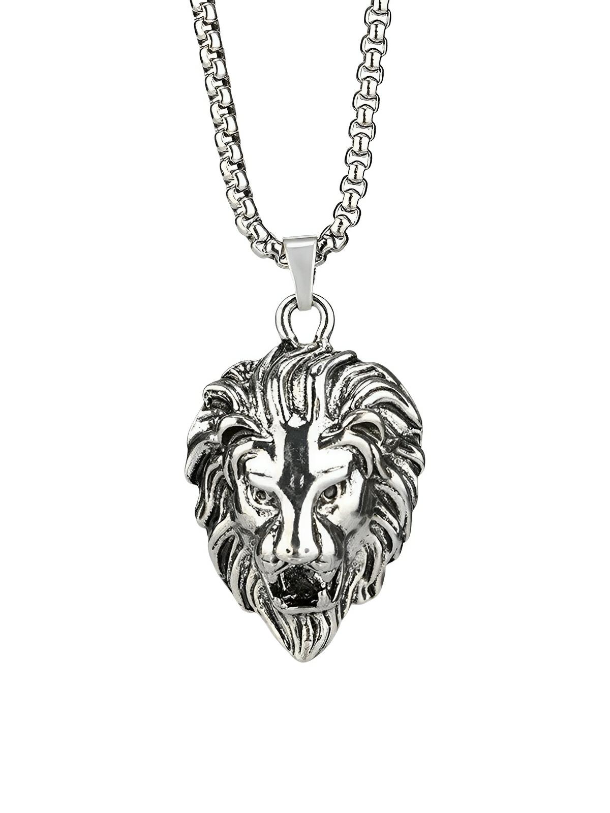Collier pendentif tête de lion, en acier inoxydable, maille vénitienne, modèle Arthur - Collier - Argent 70 cm