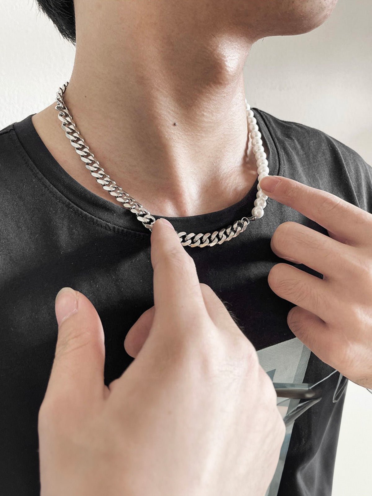 Collier perles et acier homme, chaîne cubaine acier inoxydable, perles d'imitation, style urbain, 45cm, modèle Fedroche - Collier - Argent