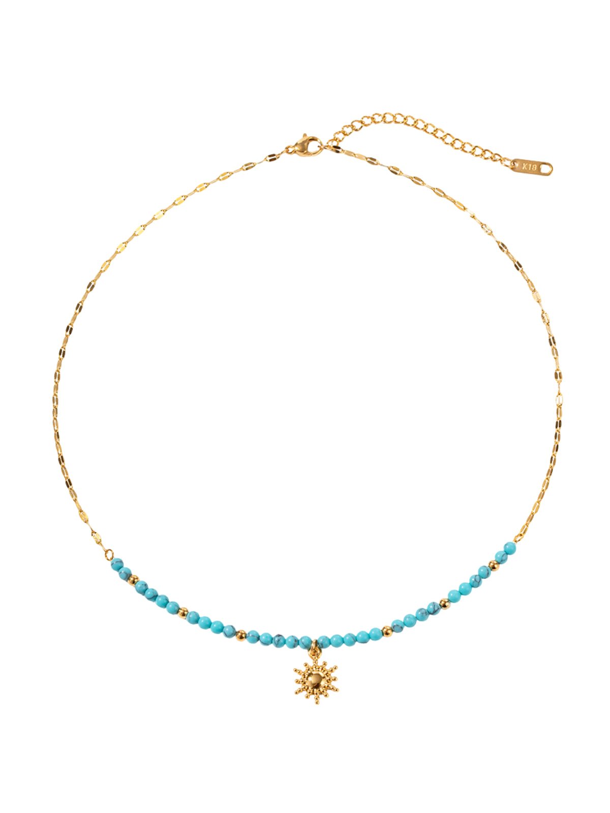 Collier soleil doré, perles turquoise et acier inoxydable, chaîne fine, pendentif central, style INS, modèle Fatia - Collier - Or 40.5 +5.5 cm