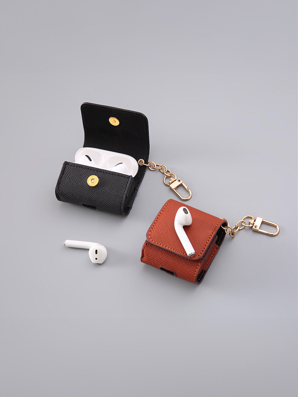 Coque AirPods simili vegan rigide, housse avec mousqueton, fermeture pression, protection waterproof, étui transport élégant, modèle Cédianne - Écouteurs sans fil - Marron AirPods Pro 1 à 2