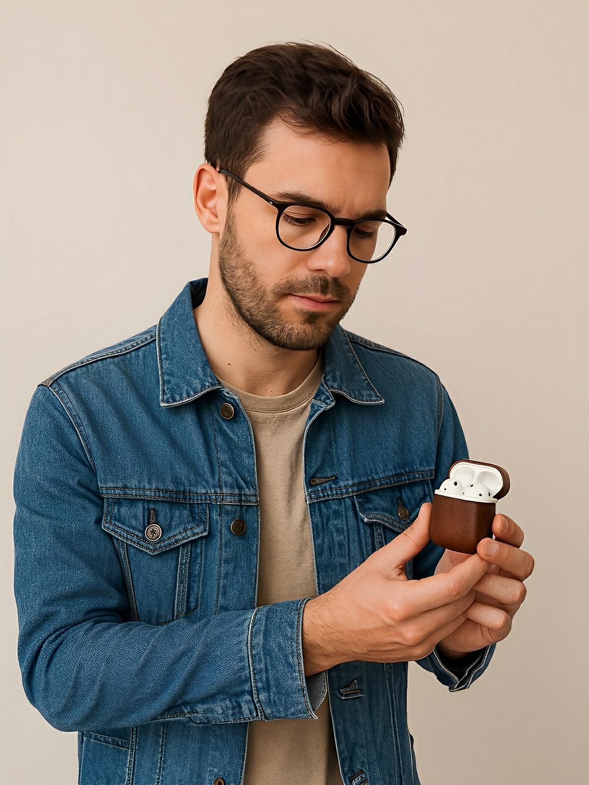 Coque de protection AirPods 1 et 2, design fin, en simili vegan, modèle Quiro - Écouteurs sans fil - Café