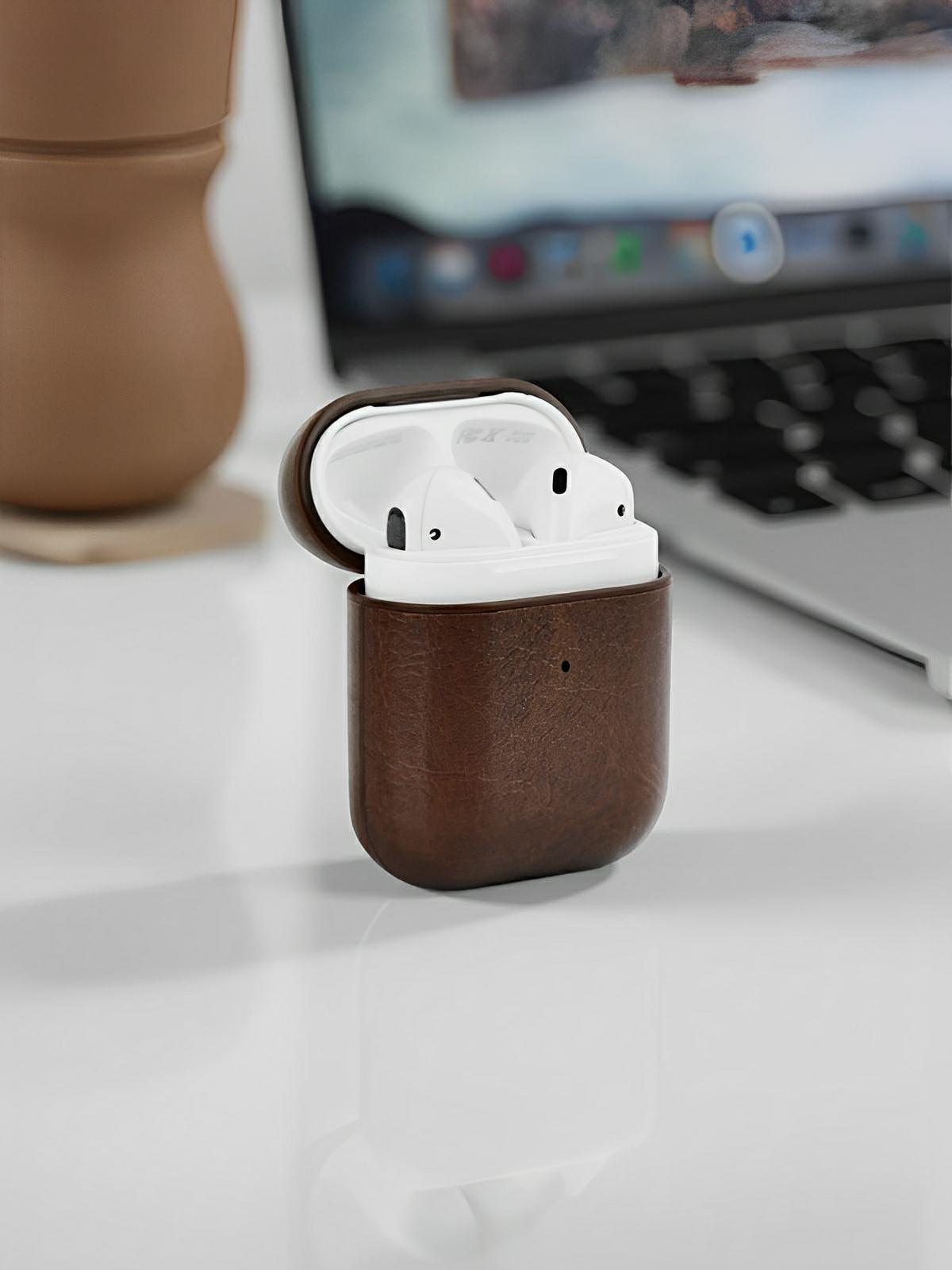 Coque de protection AirPods 1 et 2, design fin, en simili vegan, modèle Quiro - Écouteurs sans fil - Café