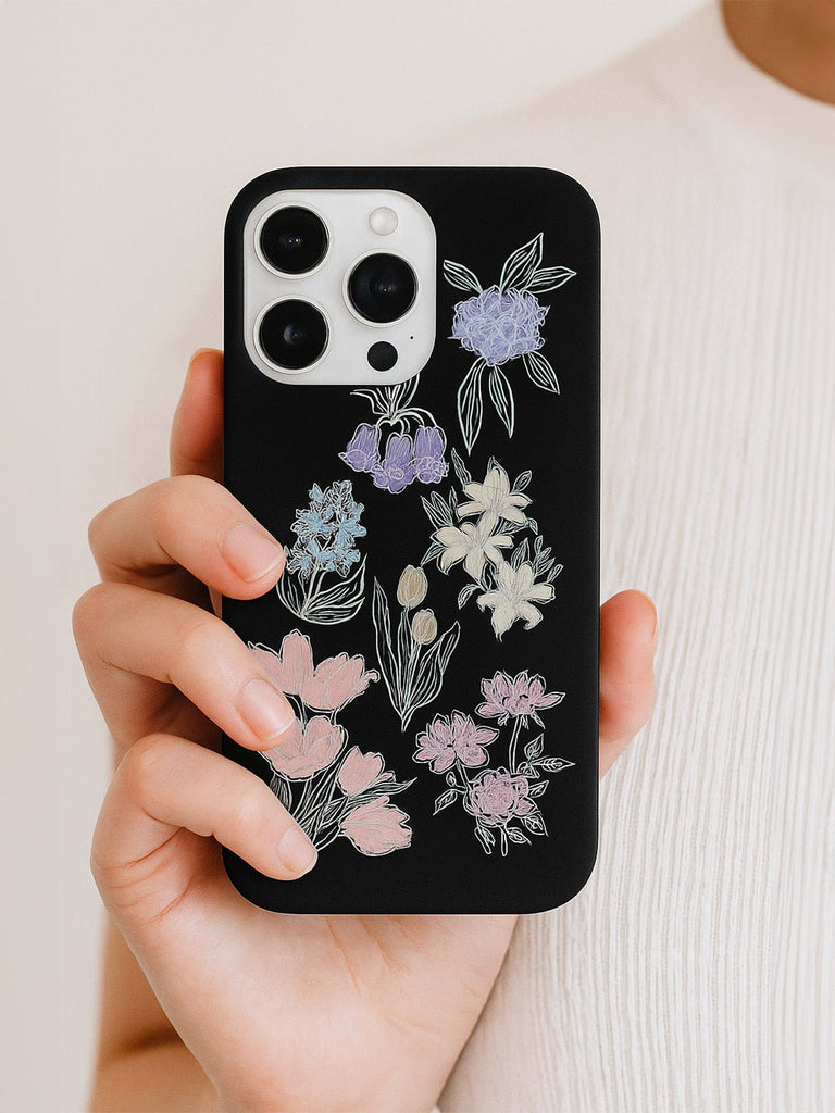 Coque de téléphone florale mate, protection anti - choc, motif pastel, compatible iPhone, rebords surélevés, surface anti - rayures, modèle Lila - Coque iPhone - Noir iPhone XR