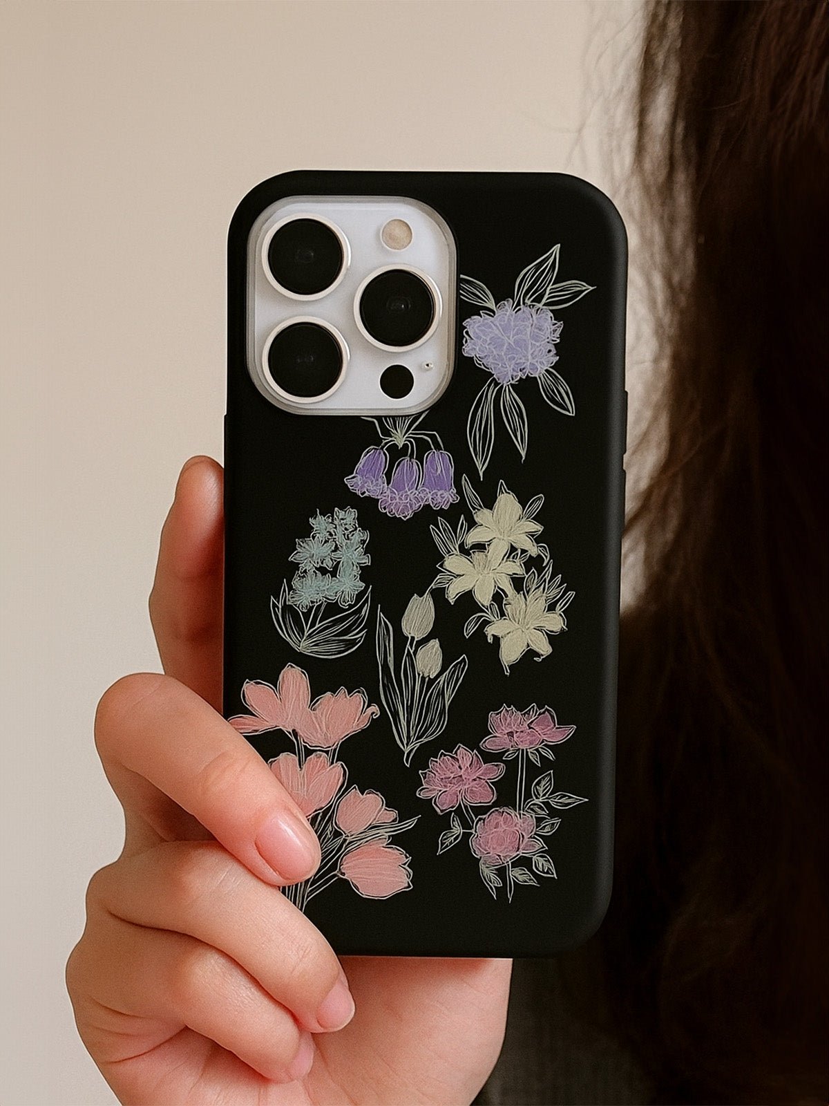 Coque de téléphone florale mate, protection anti - choc, motif pastel, compatible iPhone, rebords surélevés, surface anti - rayures, modèle Lila - Coque iPhone - Noir iPhone XR