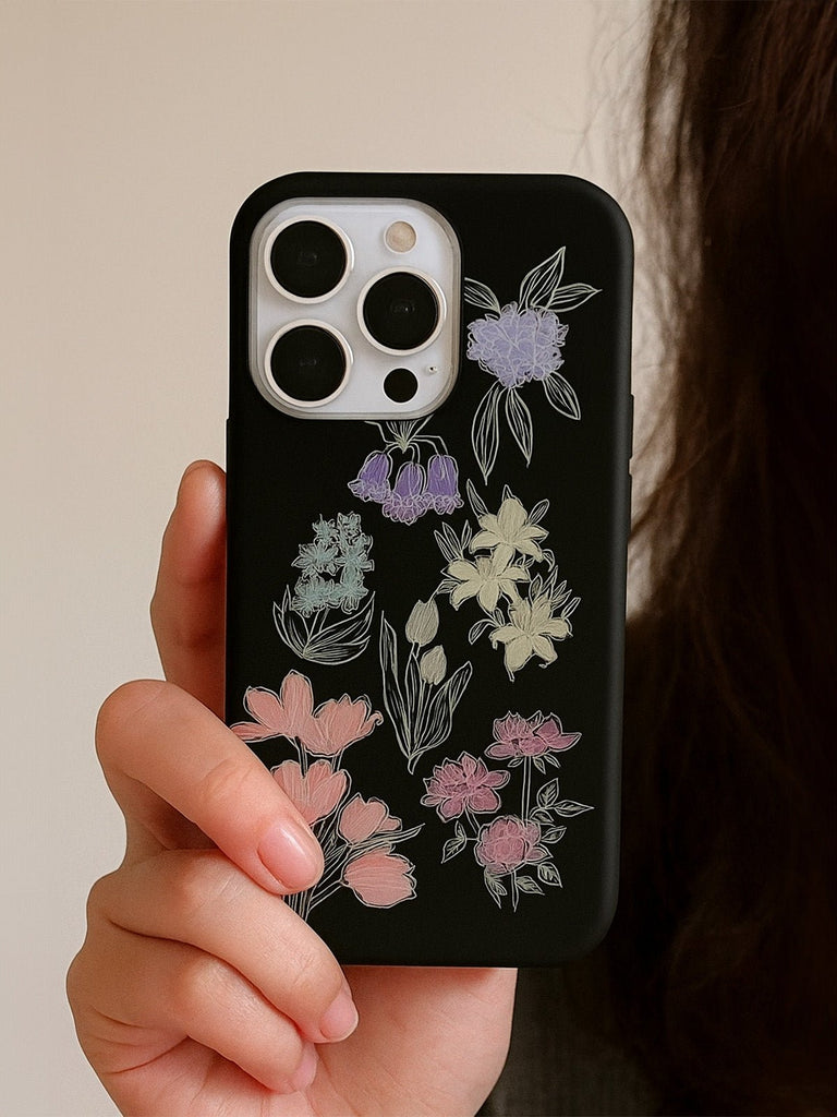 Coque de téléphone florale mate, protection anti - choc, motif pastel, compatible iPhone, rebords surélevés, surface anti - rayures, modèle Lila - Coque iPhone - Noir iPhone XR