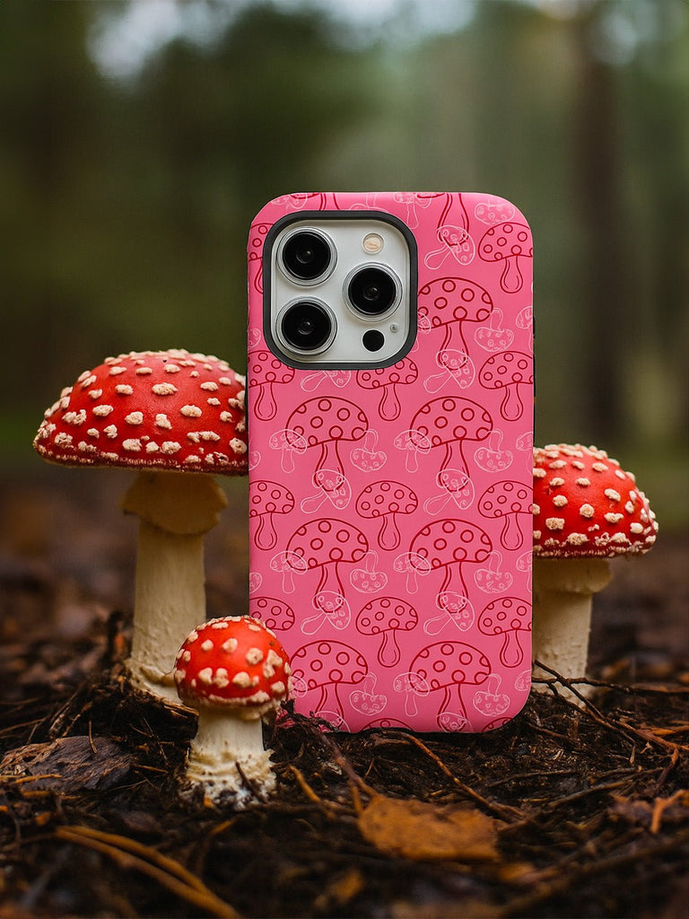 Coque iPhone champignons rose, protection anti - choc, finition mate, motif ludique, compatible MagSafe, modèle Chipie - Coque iPhone - Rose iPhone X