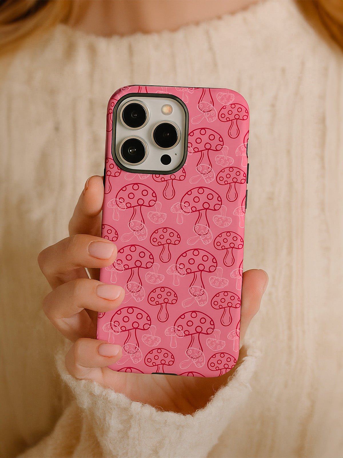 Coque iPhone champignons rose, protection anti - choc, finition mate, motif ludique, compatible MagSafe, modèle Chipie - Coque iPhone - Rose iPhone X