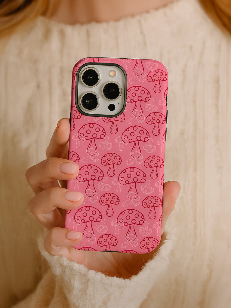 Coque iPhone champignons rose, protection anti - choc, finition mate, motif ludique, compatible MagSafe, modèle Chipie - Coque iPhone - Rose iPhone X