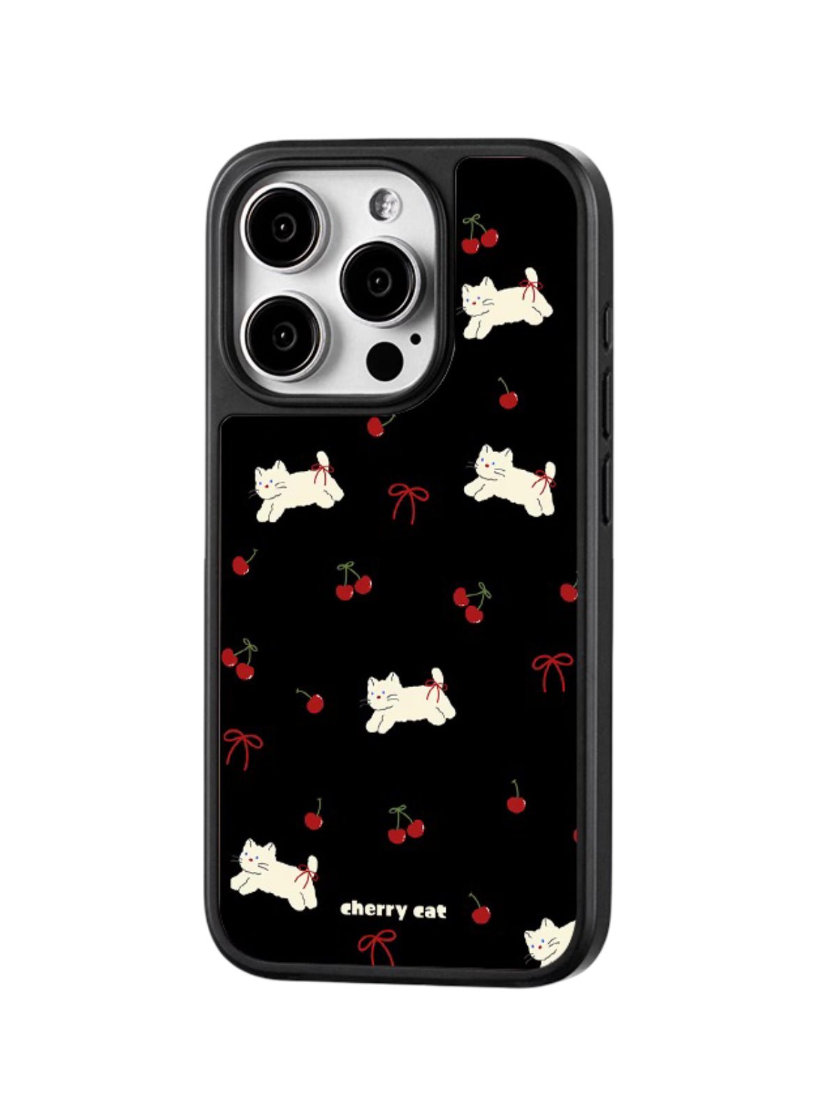 Coque iPhone Cherry cat, Protection anti - choc, motif chat cerise, Coque douce antirayures, compatible MagSafe, Design Mignon Noir, modèle Molly - Coque iPhone - Noir iPhone 12
