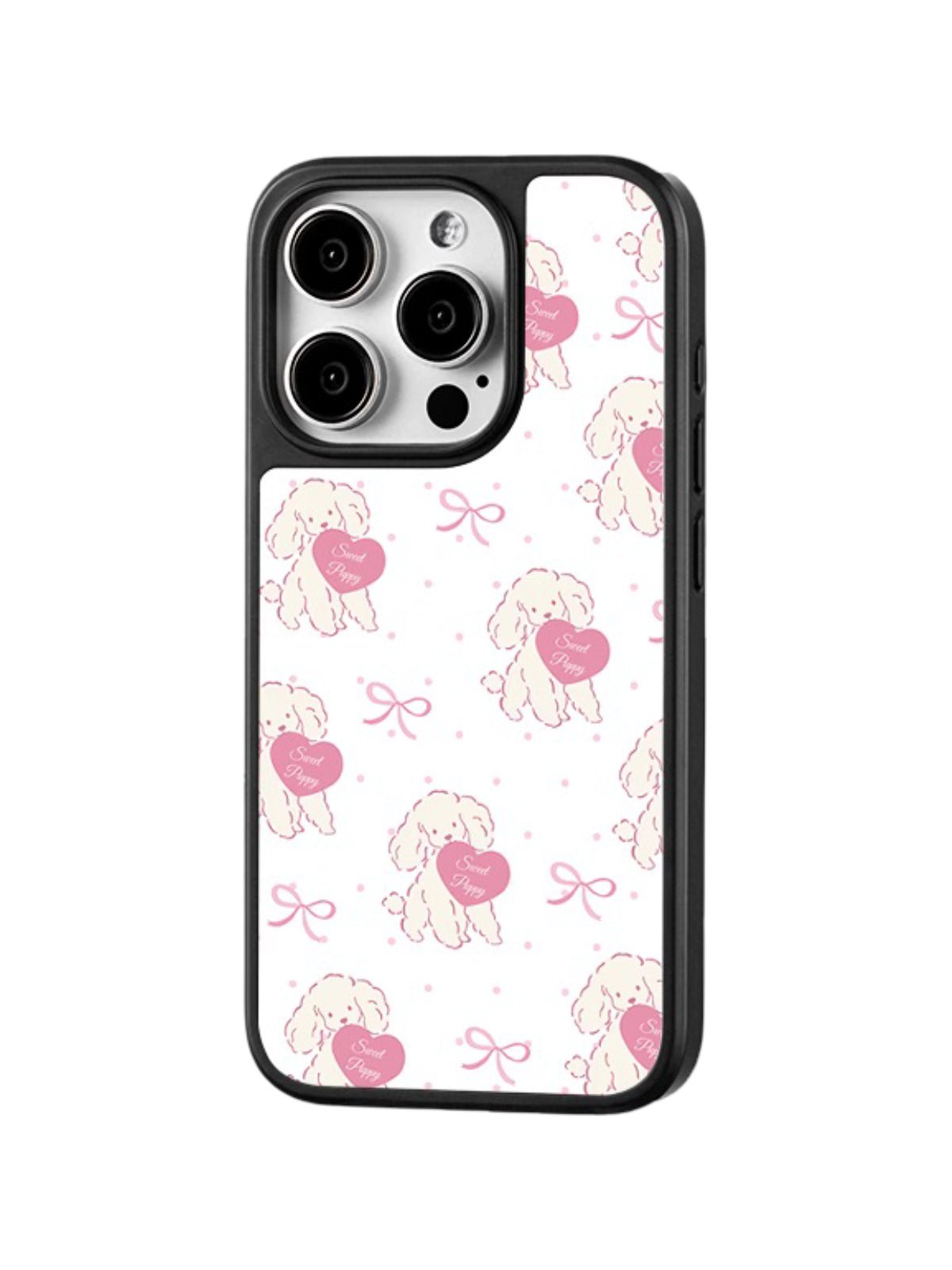 Coque iPhone cœur petit chien, protection anti - choc, design mignon rose, compatible MagSafe, contour noir résistant, modèle Yila - Coque iPhone - Blanc et rose iPhone 12